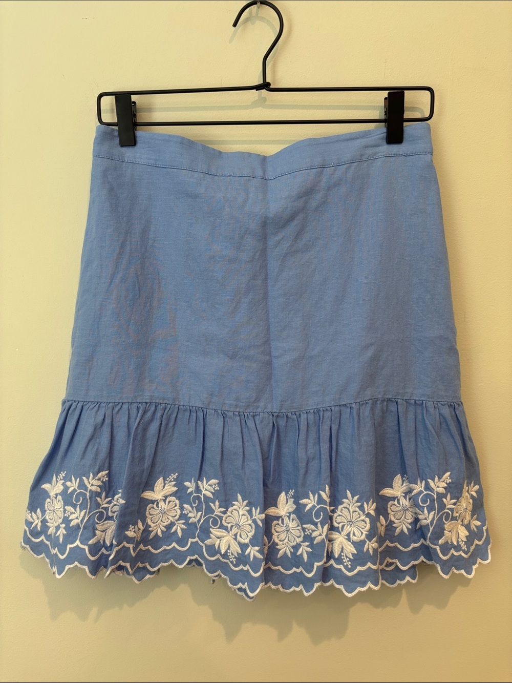 J. Crew Linen Cotton Embroidered Mini Skirt Blue White Floral Scallop Hem S